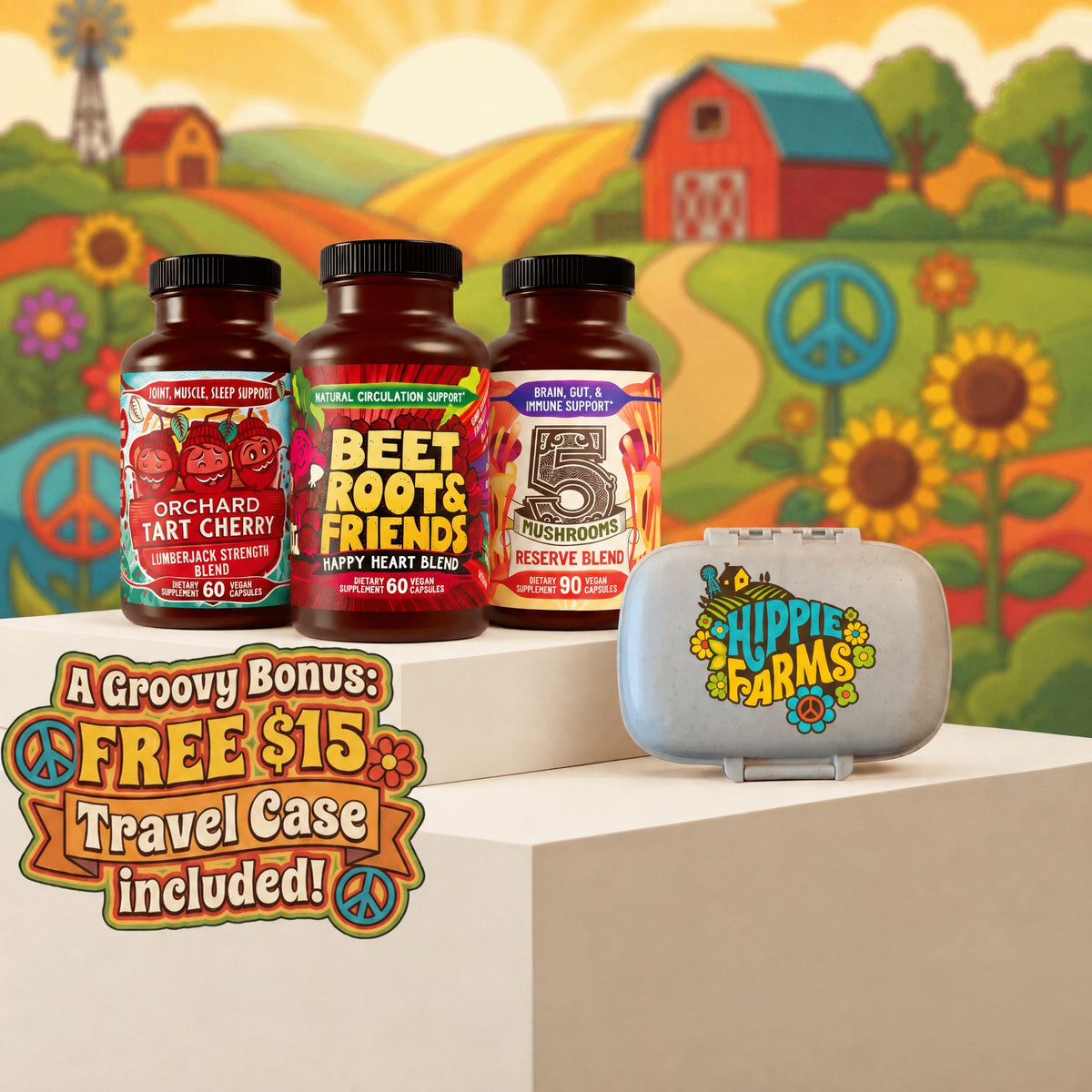 Forever Young Bundle: Hippie Farms supplement bottles with the free travel pill case