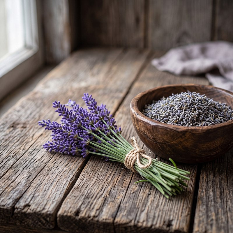 Lavender sprigs and dried buds in wooden bowl