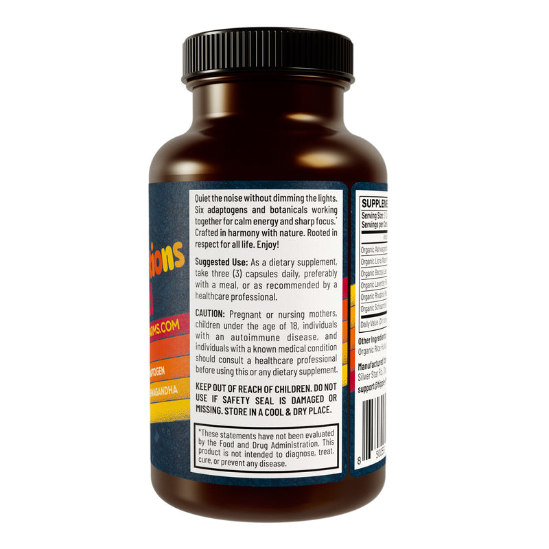 Good Vibrations Blend back label with suggested use, ashwagandha supplement, three capsules daily
