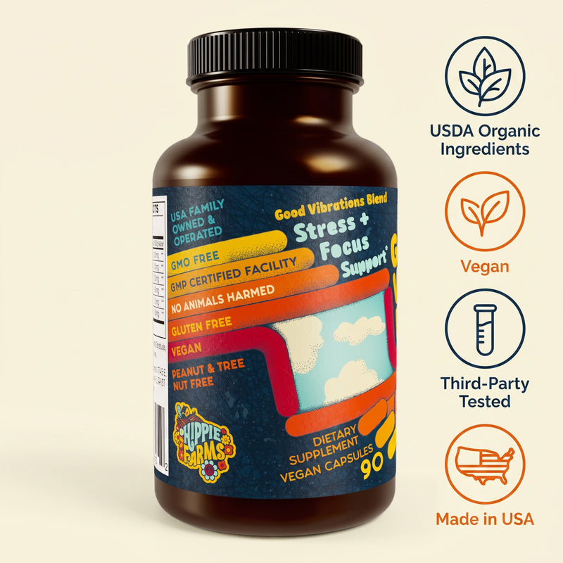 Good Vibrations Blend trust badges: USDA organic ingredients, vegan, third-party tested, made in USA