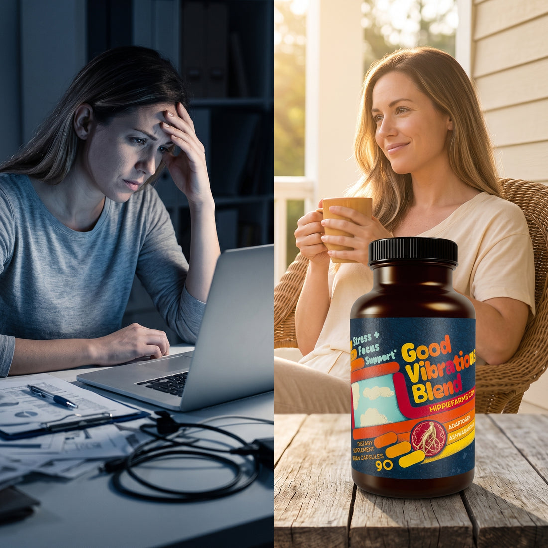 Stressed night versus calm morning with Good Vibrations Blend ashwagandha supplement