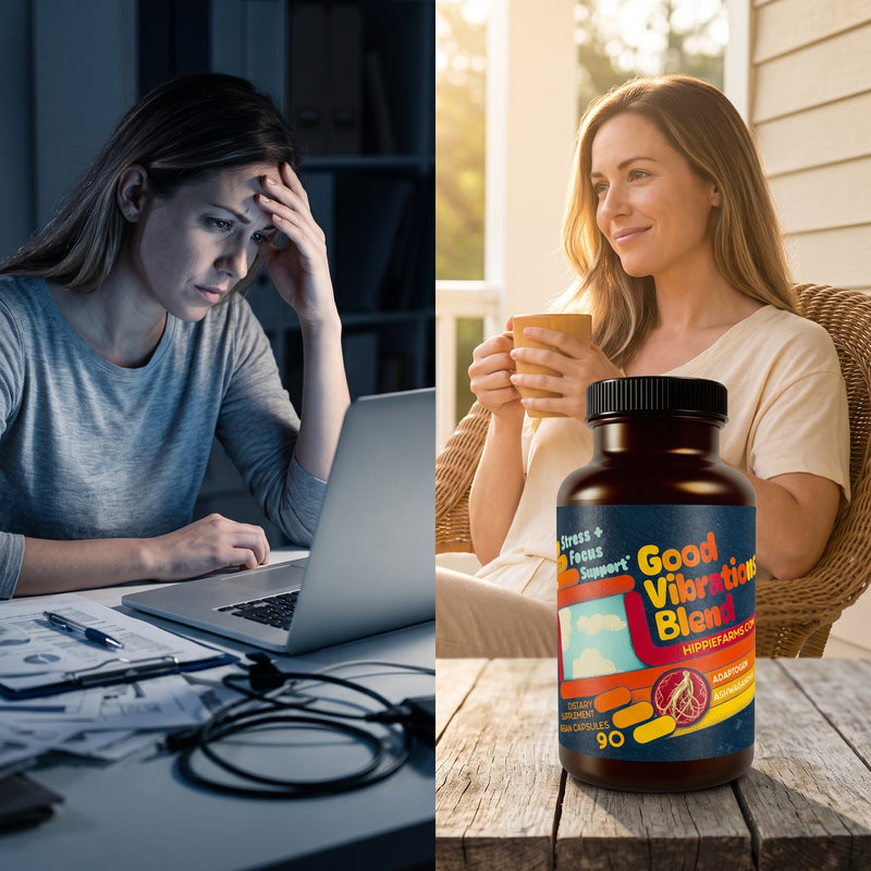 Stressed night versus calm morning with Good Vibrations Blend ashwagandha supplement