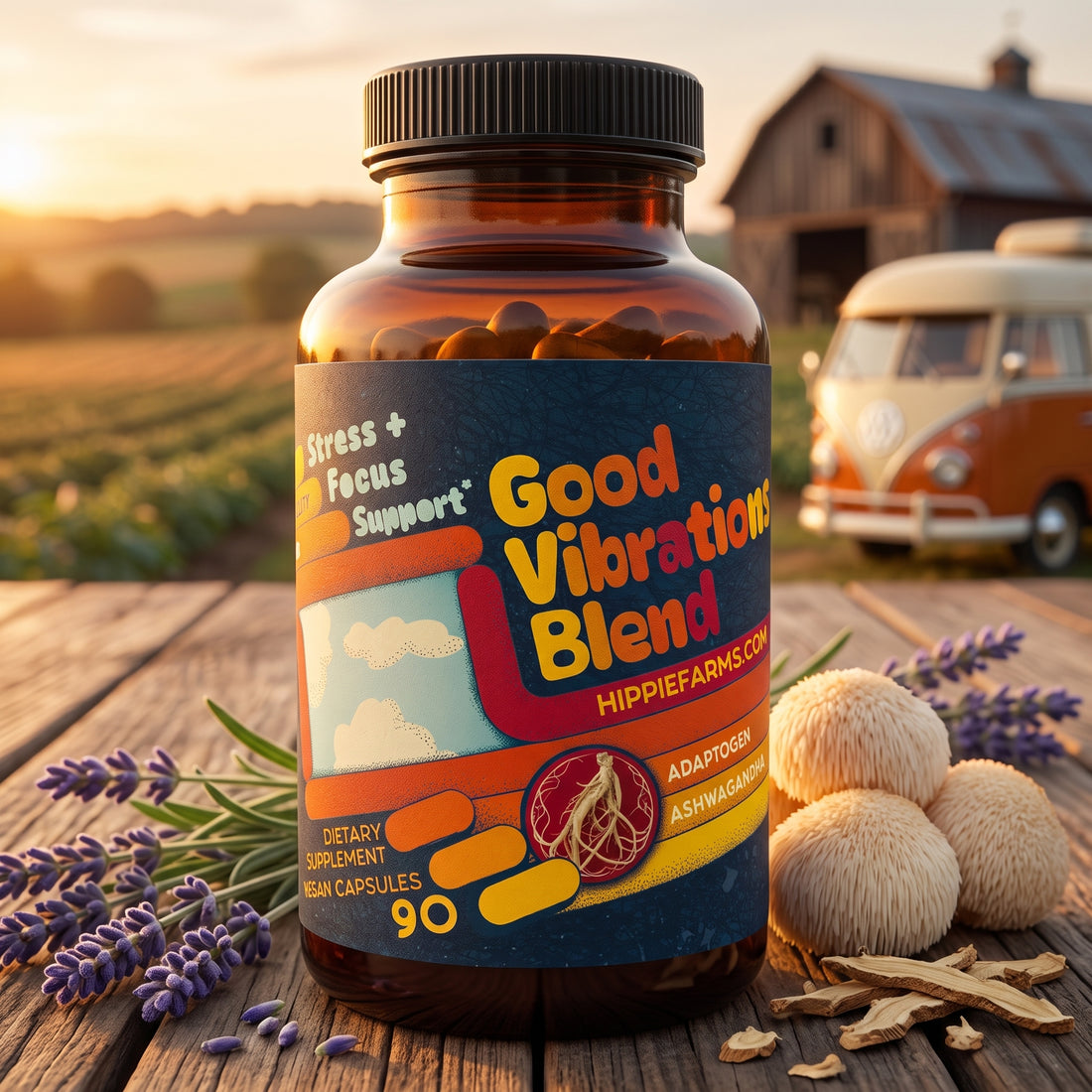 Good Vibrations Blend ashwagandha supplement bottle on farm table at golden hour with camper van, new label