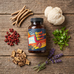 Good Vibrations Blend ashwagandha supplement bottle with its six organic botanicals, flat lay