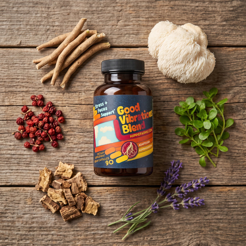 Good Vibrations Blend ashwagandha supplement bottle with its six organic botanicals, flat lay