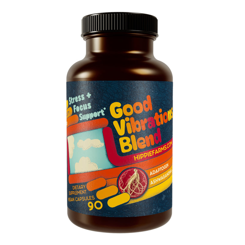Good Vibrations Blend front label, ashwagandha supplement for stress and focus support