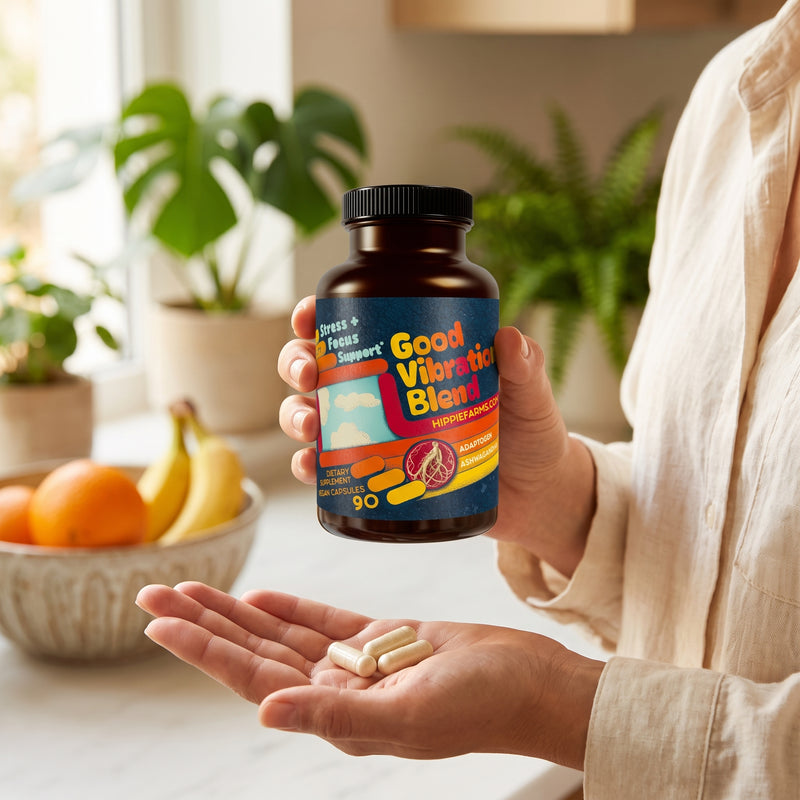 Hand holding Good Vibrations Blend ashwagandha supplement bottle with three vegan capsules in morning kitchen