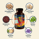 Good Vibrations Blend six-ingredient infographic: ashwagandha supplement with lion's mane, bacopa, lavender, rhodiola, schisandra doses