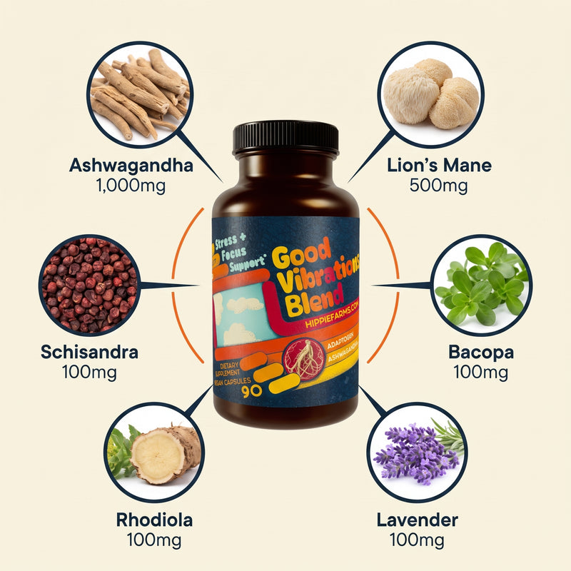 Good Vibrations Blend six-ingredient infographic: ashwagandha supplement with lion's mane, bacopa, lavender, rhodiola, schisandra doses