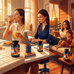 Daily ritual with Good Vibrations Blend ashwagandha supplement: morning capsules, focused workday, calm evening