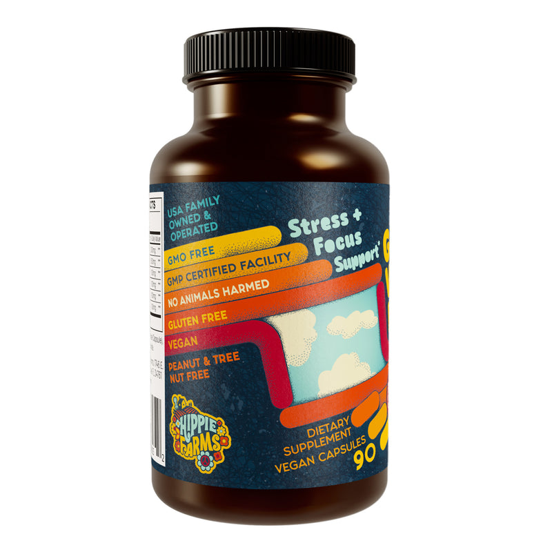 Good Vibrations Blend side label badges: organic, vegan, GMP certified, made in USA ashwagandha supplement