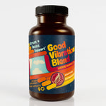 Good Vibrations Blend stress support ashwagandha supplement bottle, clean studio shot, 90 vegan capsules
