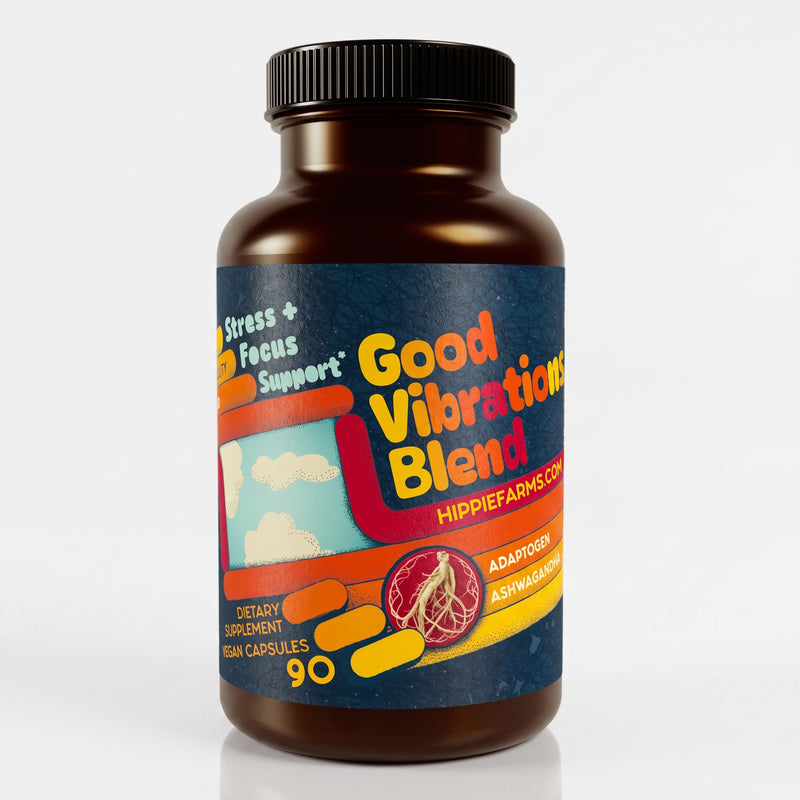 Good Vibrations Blend stress support ashwagandha supplement bottle, clean studio shot, 90 vegan capsules