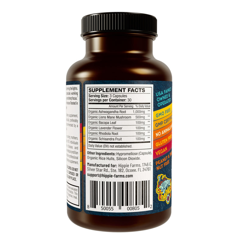 Good Vibrations Blend supplement facts: ashwagandha 1000mg, lion's mane 500mg, bacopa, lavender, rhodiola, schisandra