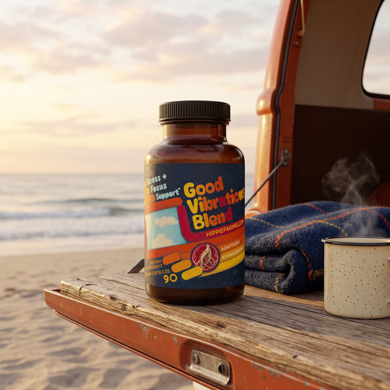 Good Vibrations Blend ashwagandha supplement bottle on camper van tailgate at calm beach morning