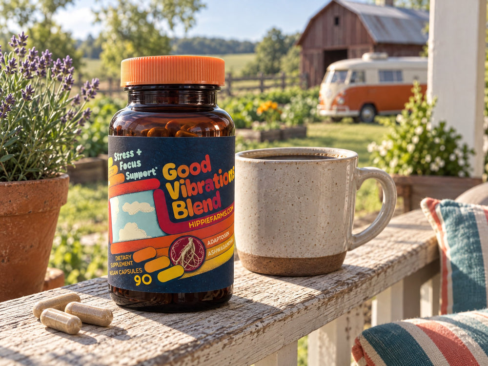 Good Vibrations Blend bottle on a sunny porch rail beside a coffee mug and lavender