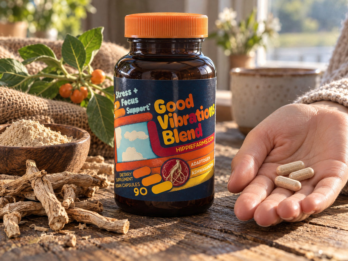 Good Vibrations Blend bottle between dried ashwagandha roots and a hand holding three capsules