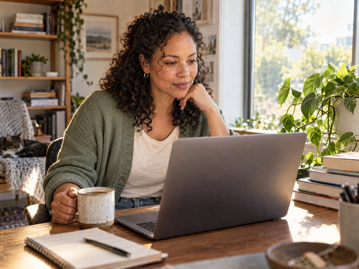 Woman focused at her laptop by a sunny window in the afternoon