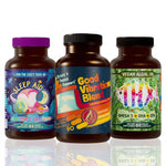 Happy Days and Peaceful Nights Bundle trio: Sleep Aid, Good Vibrations Blend new label, Vegan Algal Oil bottles