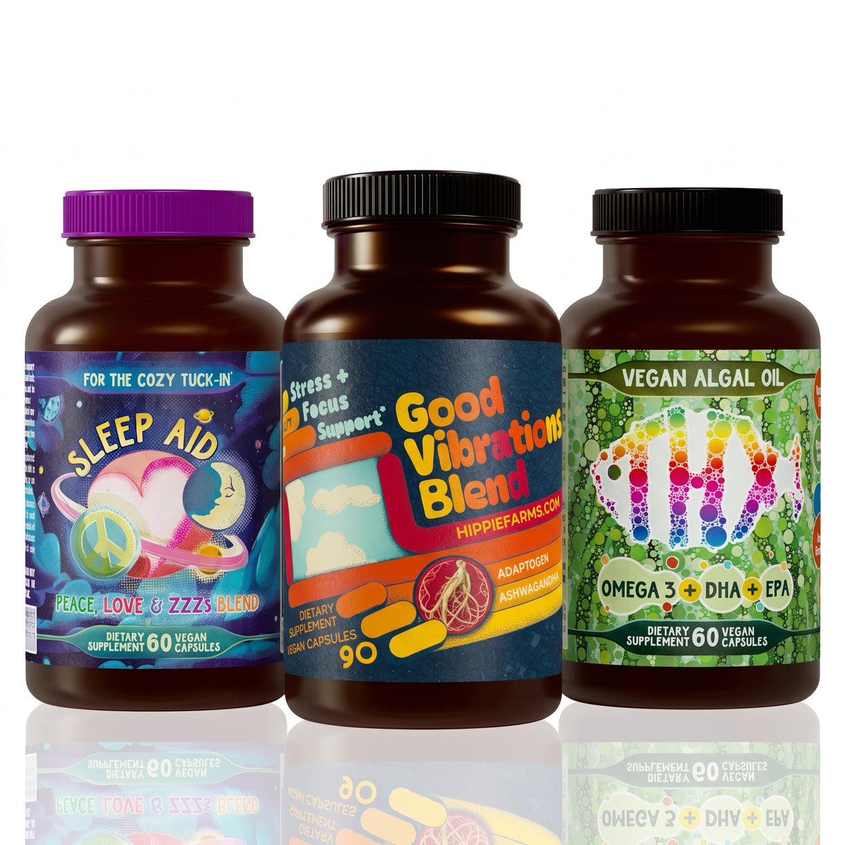 Happy Days and Peaceful Nights Bundle trio: Sleep Aid, Good Vibrations Blend new label, Vegan Algal Oil bottles