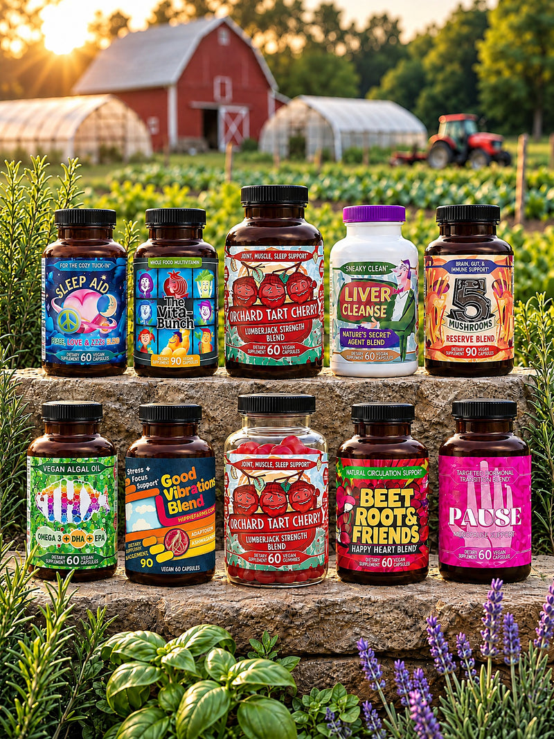 Hippie Farms farm-grown supplement lineup on a stone ledge in front of the barn