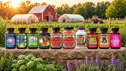 Hippie Farms farm-grown supplement lineup in a row on a stone wall in front of the barn