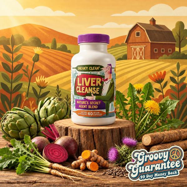 Liver Cleanse & Reset bottle with botanicals, an illustrated farm backdrop and the 99 Day Groovy Guarantee