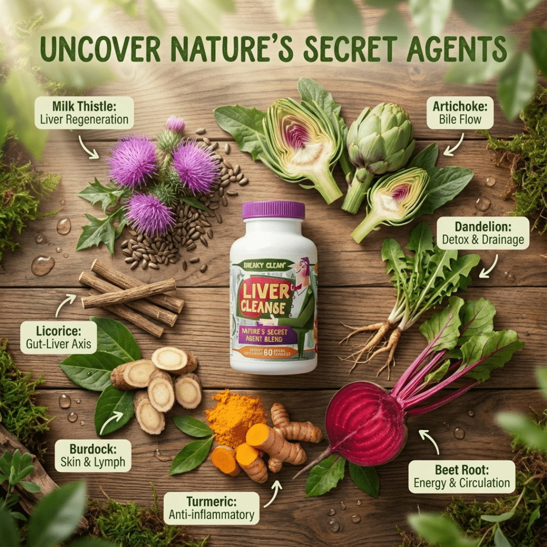 Premium liver cleanse supplement bottle with milk thistle, artichoke, dandelion, beet, turmeric and burdock ingredients arranged on wood