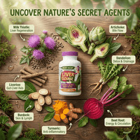 Premium liver cleanse supplement bottle with milk thistle, artichoke, dandelion, beet, turmeric and burdock ingredients arranged on wood