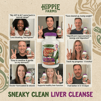 Hippie Farms Sneaky Clean Liver Cleanse supplement bottle with testimonials showing liver cleanse supplement benefits