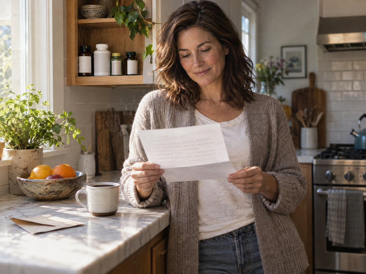 Woman reading a letter in her kitchen, supplement bottles on the shelf behind her