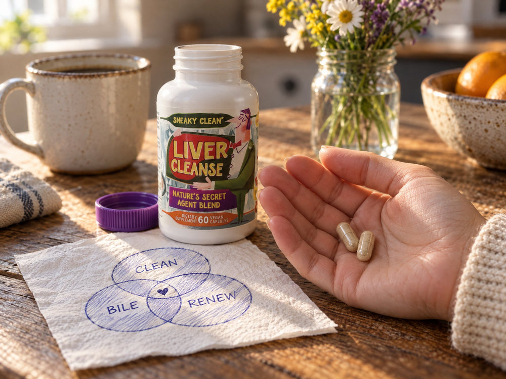 Two capsules in an open hand beside the Liver Cleanse and Reset bottle and the napkin drawing
