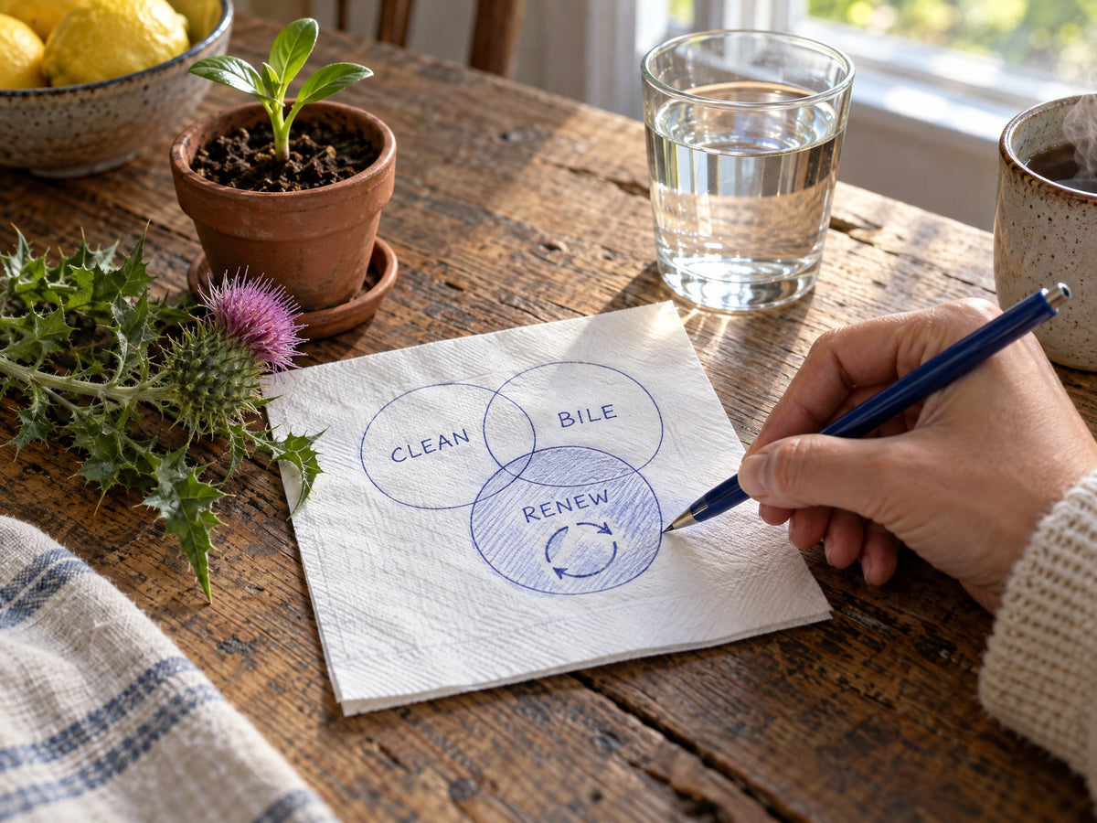 A hand drawing a renewal arrow in the renew circle beside a milk thistle sprig