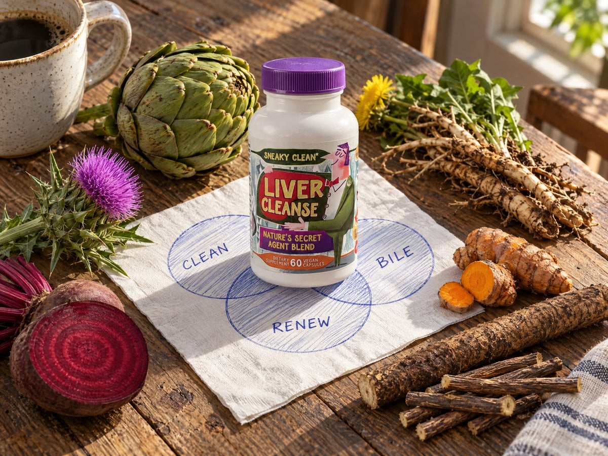 Liver Cleanse and Reset bottle standing where the three napkin circles overlap, ringed by seven farm herbs