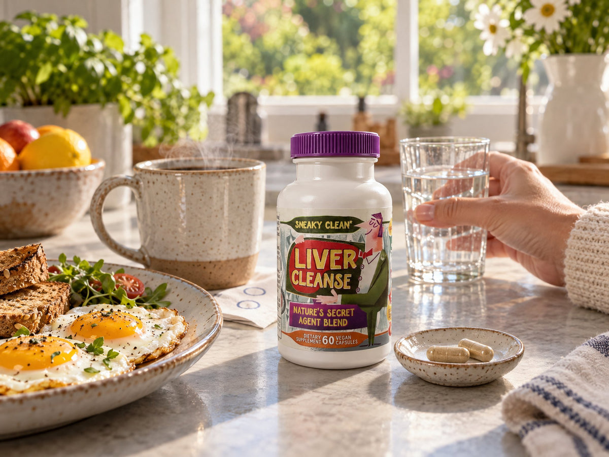 Liver Cleanse and Reset bottle on a breakfast counter with two capsules and a glass of water