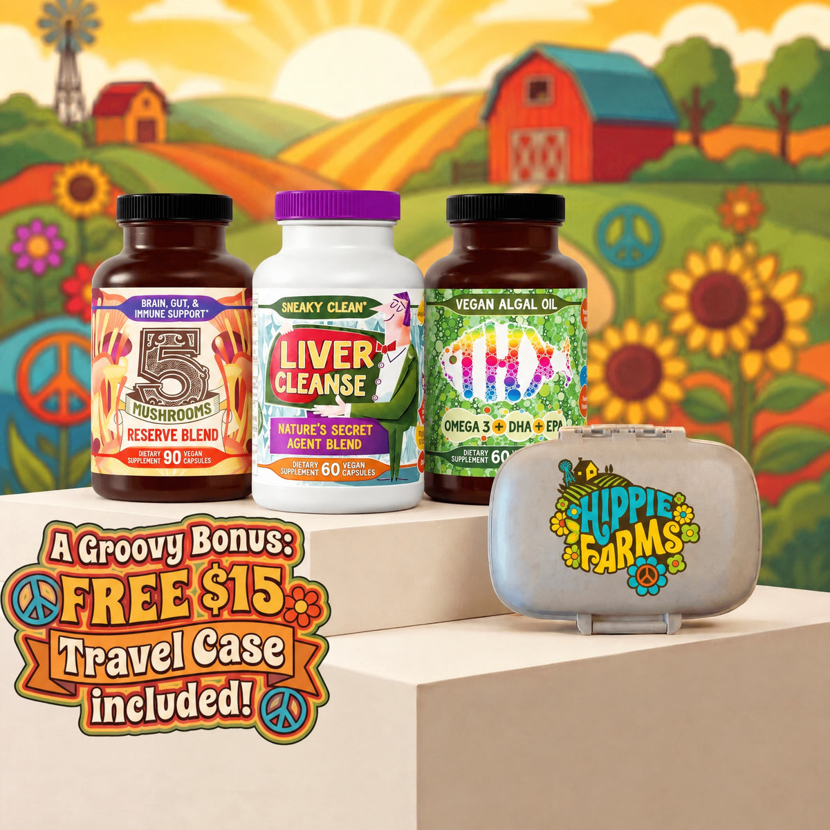Movie Star Bundle: Hippie Farms supplement bottles with the free travel pill case