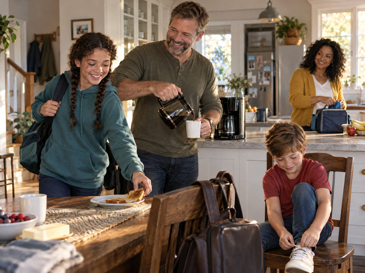 A dad pours his morning coffee while his kids head out the door