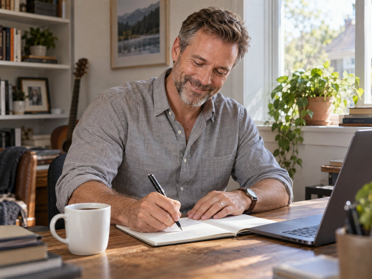 A man writing in a notebook at his desk in the afternoon with a coffee