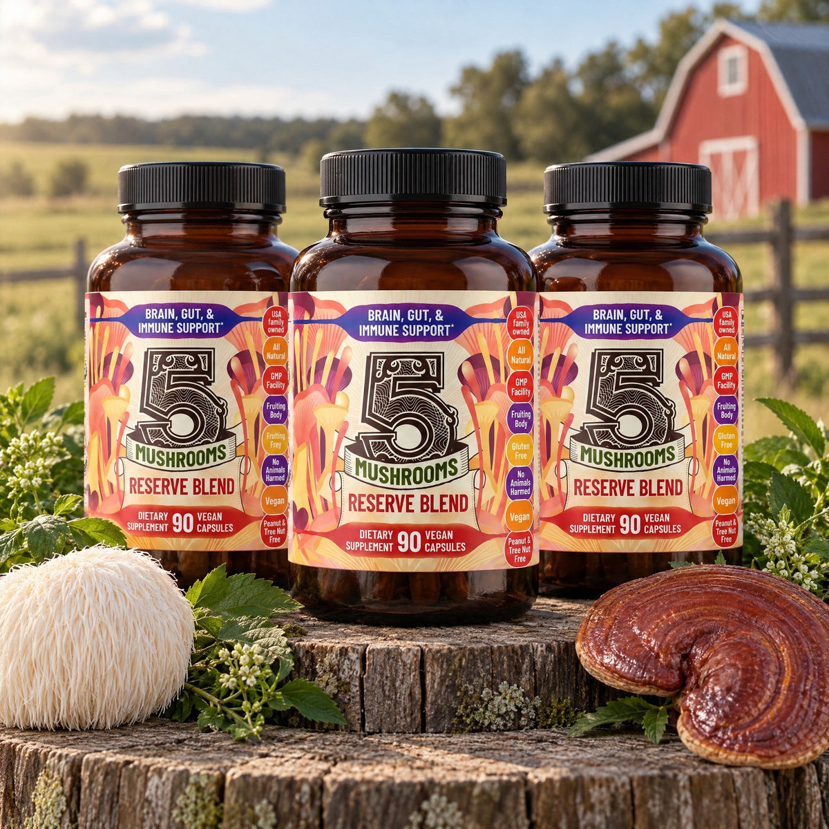 5 Mushrooms 3-Pack Special - Buy 2 Get 1 Free: three bottles on a wooden pedestal