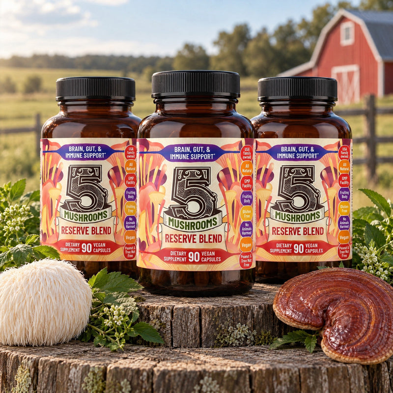 5 Mushrooms 3-Pack Special - Buy 2 Get 1 Free: three bottles on a wooden pedestal
