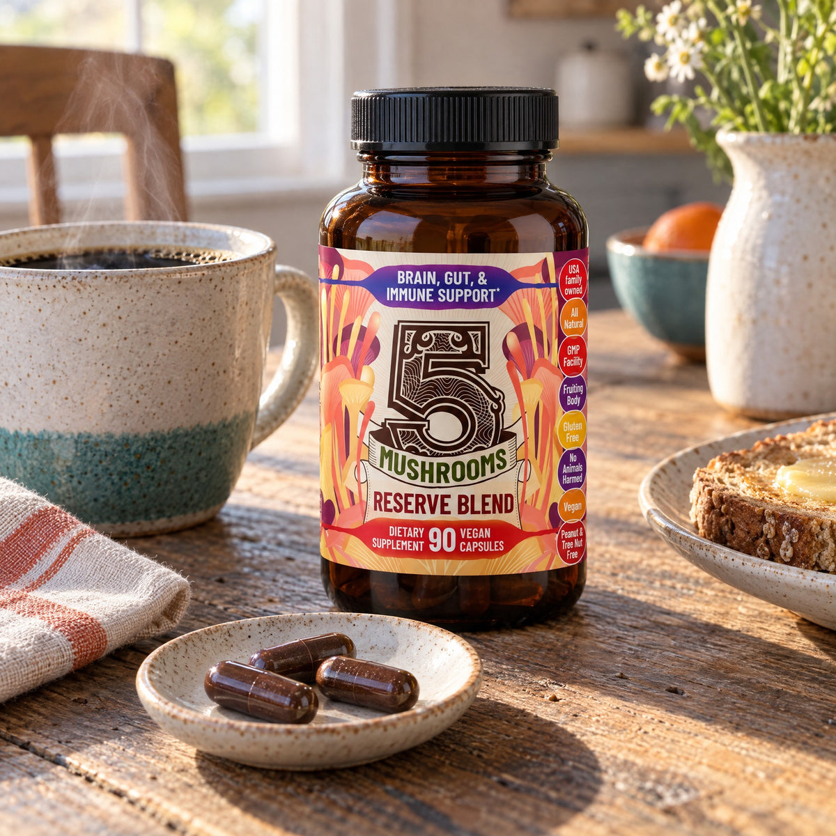 Three 5 Mushrooms capsules on a saucer beside a real cup of coffee, the bottle behind