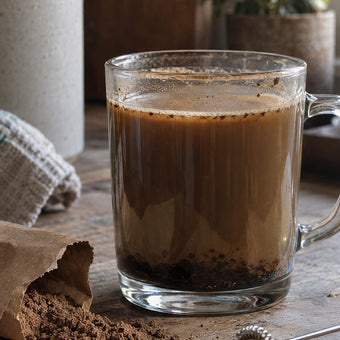 Mushroom coffee mug with sludge at the bottom, square crop