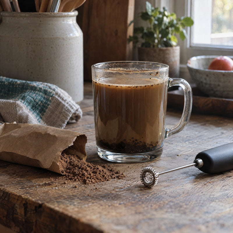 A glass mug of murky mushroom coffee with sludge settled at the bottom, a torn sachet and a frother on a farmhouse counter