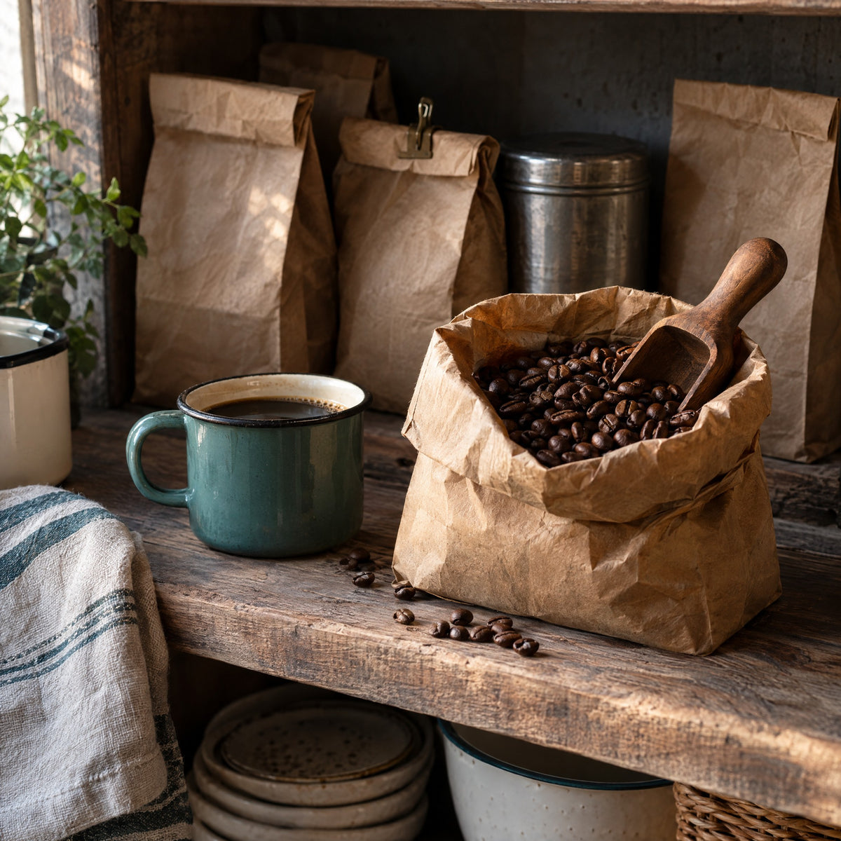 Farmhouse pantry shelf: real coffee beans and a mug in front, half-used unmarked bags pushed to the back