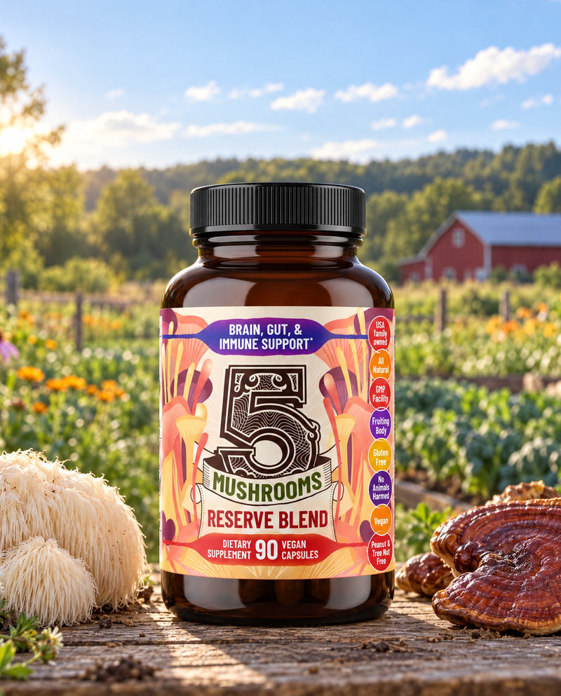 5 Mushrooms Reserve Blend bottle low in frame on a farm table, sky and garden above (timeline background v2)