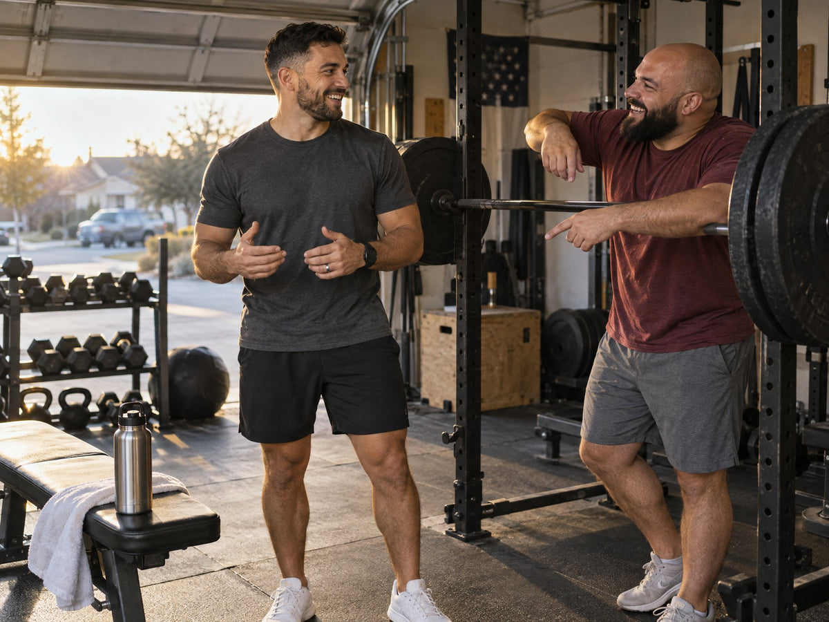 Two friends talking and laughing in a garage gym at dawn