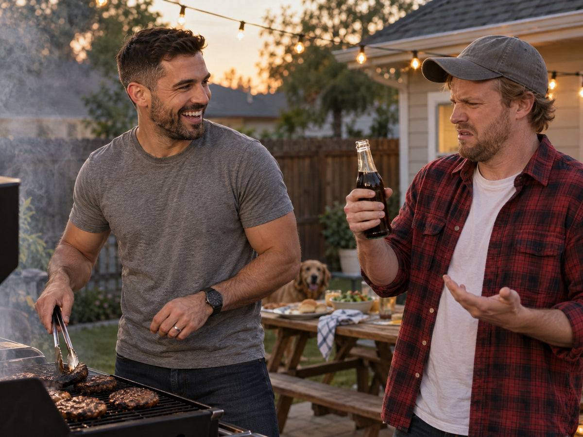 Dad grills burgers while his neighbor makes a skeptical face