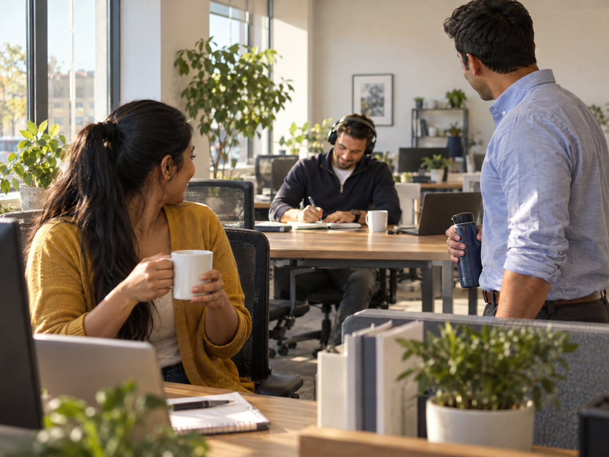 Two coworkers glance over at a focused colleague working at his desk with headphones on