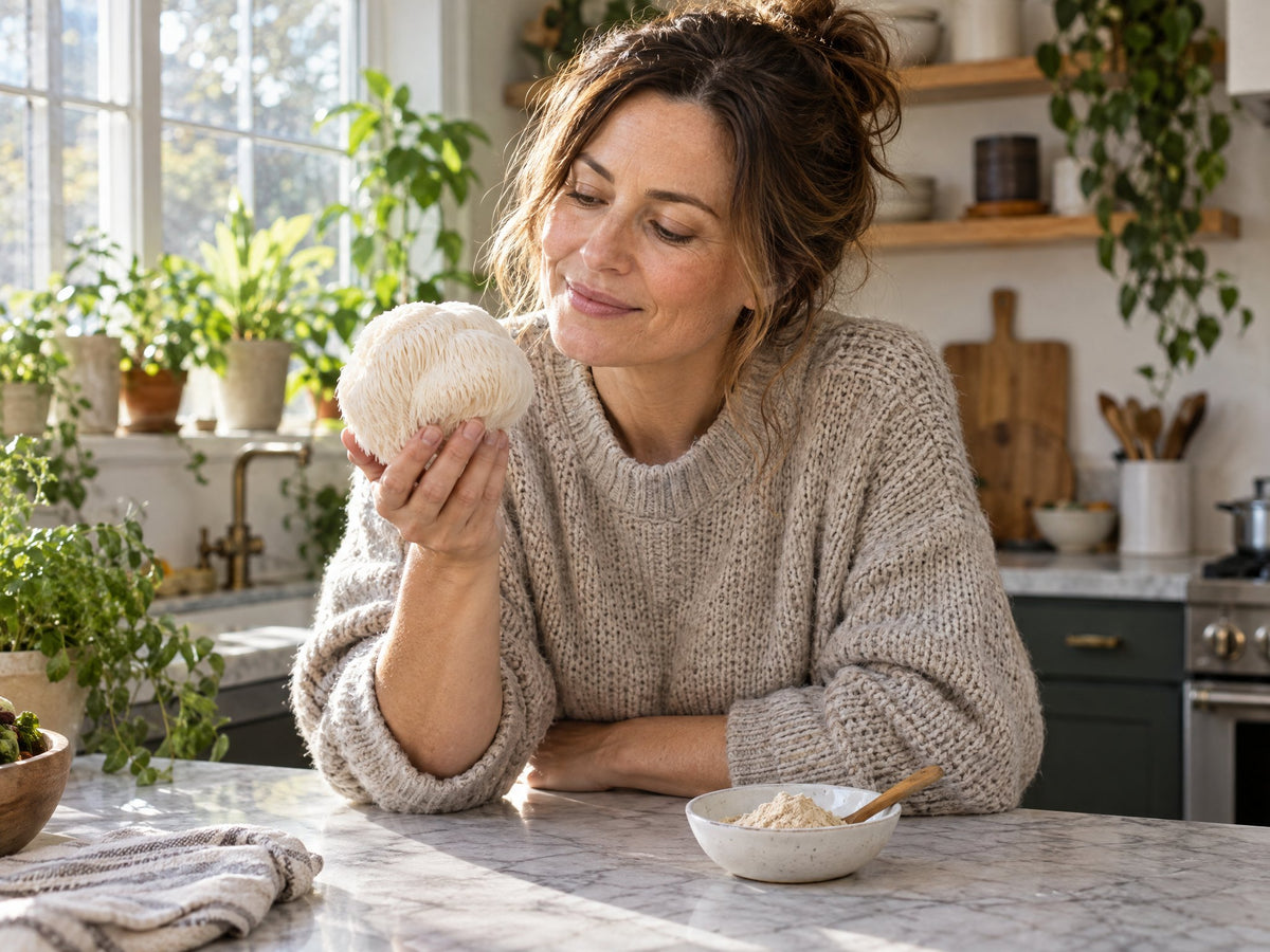 A woman at a kitchen counter holds a fresh lion's mane mushroom beside a dish of mushroom powder