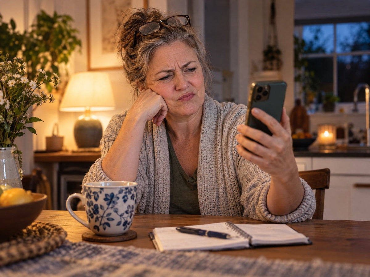 A woman at her kitchen table squints skeptically at a product listing on her phone